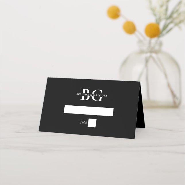 Elegant Black and White Monogram Initials Wedding Place Card (Front)