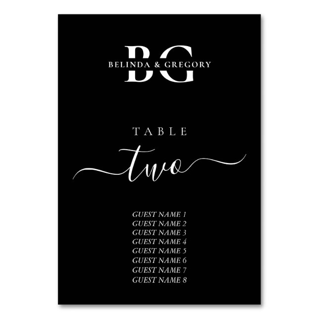 Elegant Black and White Monogram Initials Wedding Table Number (Front)