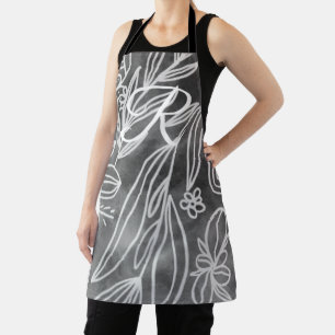 Elegant Black and White Monogram Leaves Drawing Apron