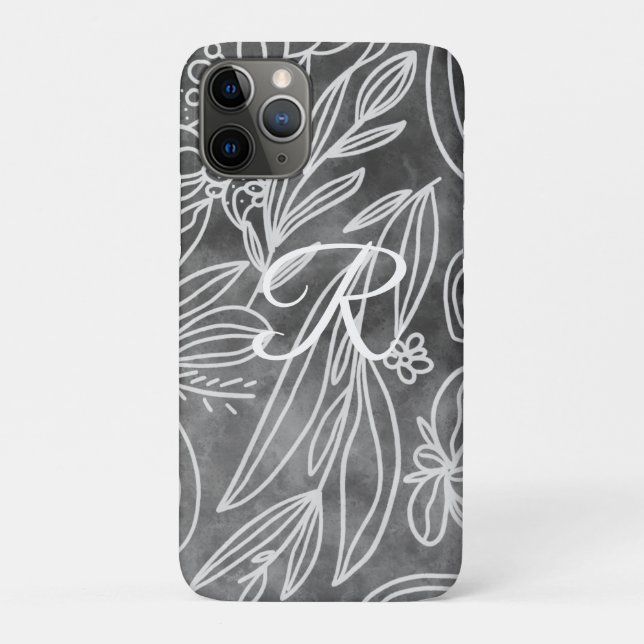 Elegant Black and White Monogram Leaves Drawing Case-Mate iPhone Case (Back)