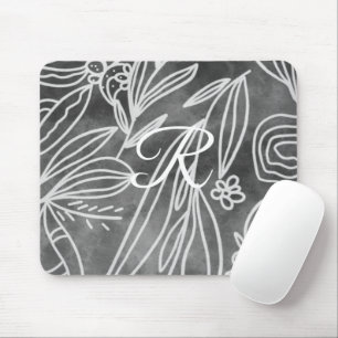Elegant Black and White Monogram Leaves Drawing Mouse Mat
