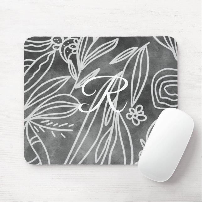 Elegant Black and White Monogram Leaves Drawing Mouse Mat (With Mouse)