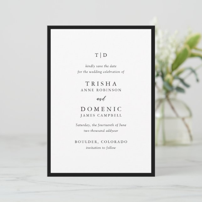 Elegant Black and White Monogram Modern Wedding Save The Date (Standing Front)