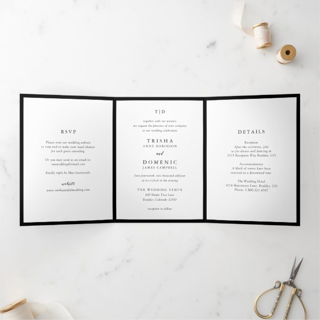 Elegant Black and White Monogram Modern Wedding Tri-Fold Invitation (Inside)