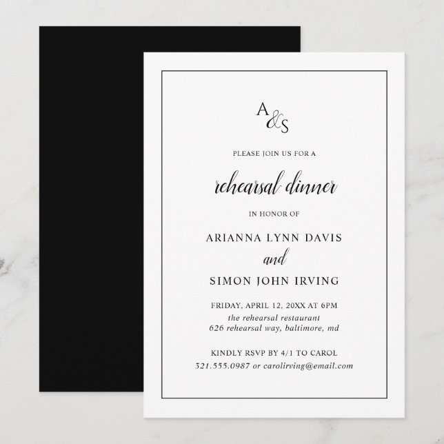 Elegant Black and White Monogram Rehearsal Dinner Invitation (Front/Back)