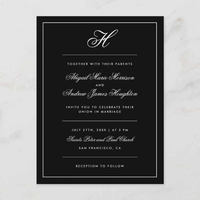 Elegant Black And White Monogram Script Wedding Invitation Postcard (Front)