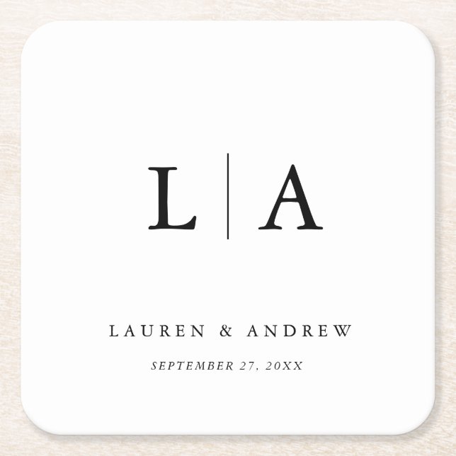 Elegant Black and White Monogram Simple Wedding Square Paper Coaster (Front)