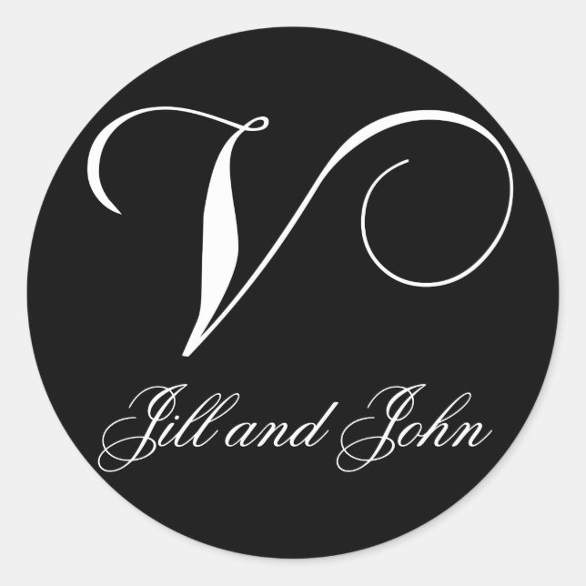 Elegant Black and White Monogram V Names Stickers (Front)
