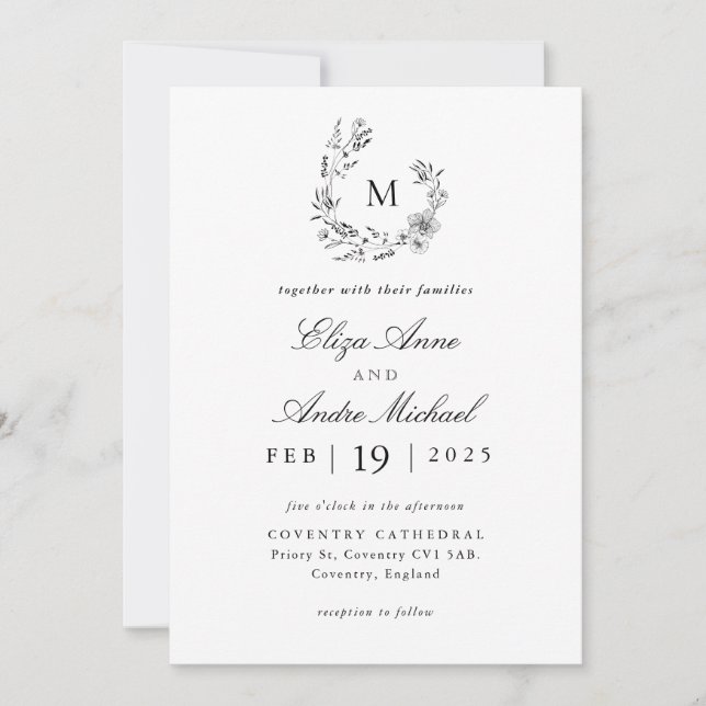 Elegant Black and White Monogram Wedding Invitatio Invitation (Front)