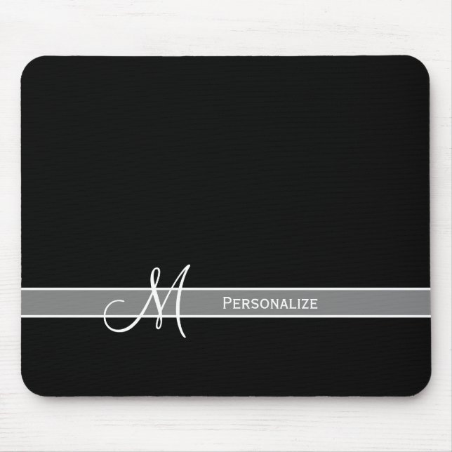 Elegant Black and White Monogram With Name Mouse Mat (Front)