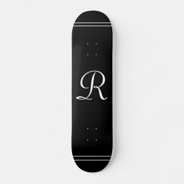 Elegant Black and White Monogrammed Personalised  Skateboard (Front)