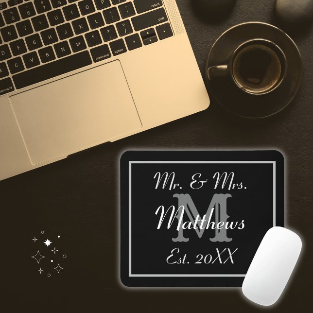 Elegant Black and White Monogrammed Wedding Mouse Mat (Creator Uploaded)