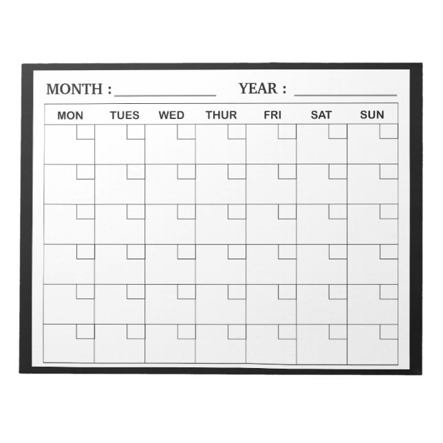 Elegant  Black and White Monthly Calendar Planner  Notepad (Front)