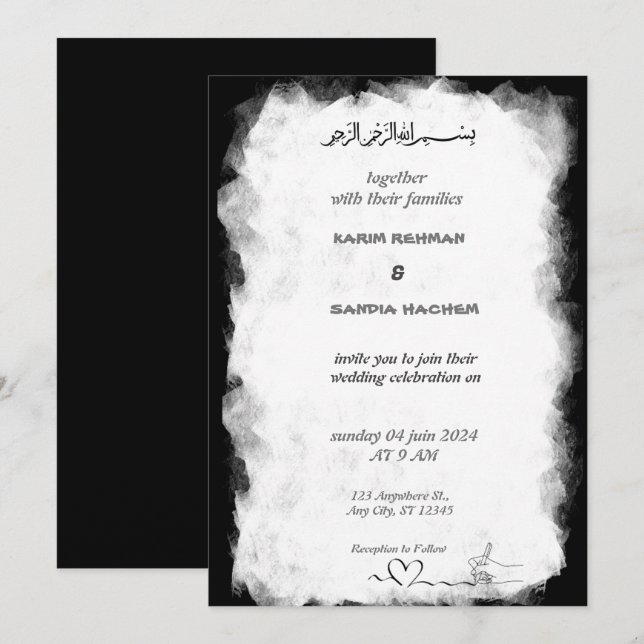 Elegant Black and White Muslim Wedding Invitation (Front/Back)