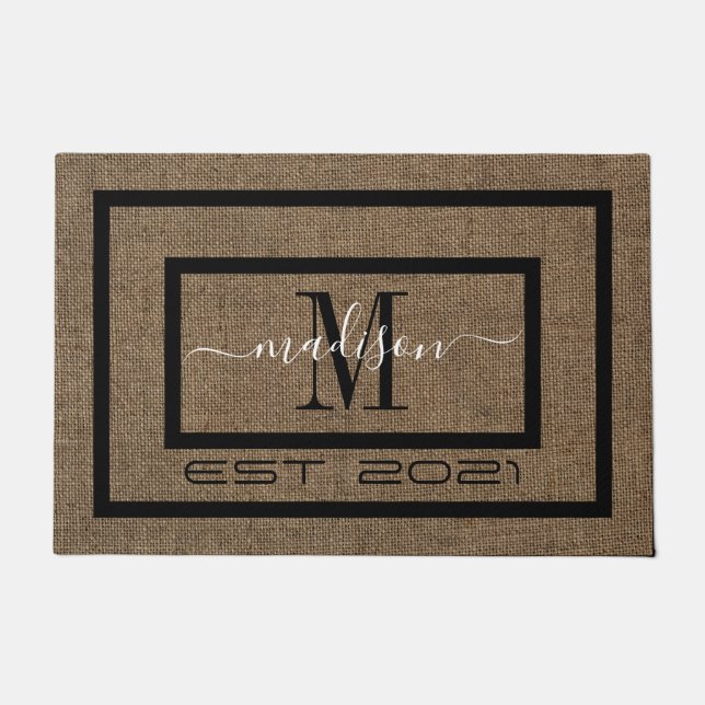  Elegant black and white name monogram door mat (Front)