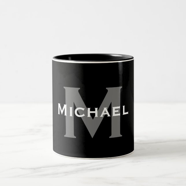 Elegant Black and White Name monogram Two-Tone Coffee Mug (Center)