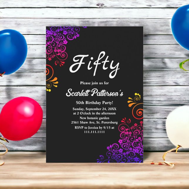Elegant Black And White Neon Floral 50th Birthday Invitation (Creator Uploaded)