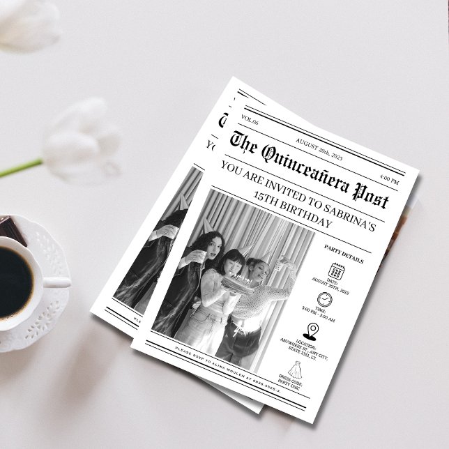 Elegant black and white Newspaper Quinceañera  Invitation (Creator Uploaded)