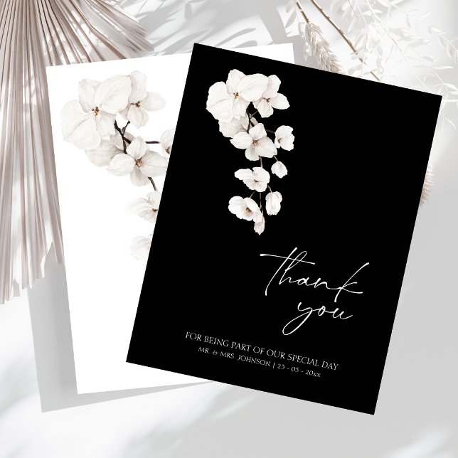 Elegant Black and White Orchid Wedding Thank You Card (Modern Black and White Orchids Flowers Wedding Thank You Card)