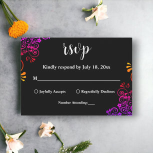 Elegant Black And White Ornate Neon Floral Wedding RSVP Card