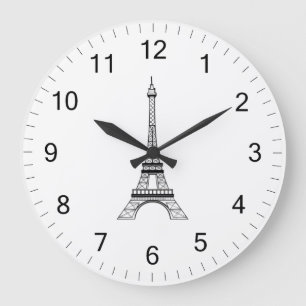 Elegant black and white Paris Eiffel Tower France Large Clock