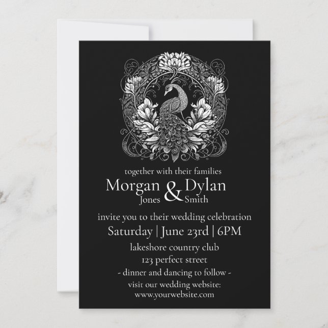 Elegant Black and White Peacock Floral Wedding Invitation (Front)