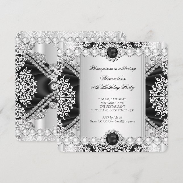Elegant Black And White Pearl Birthday Party Invitation (Front/Back)