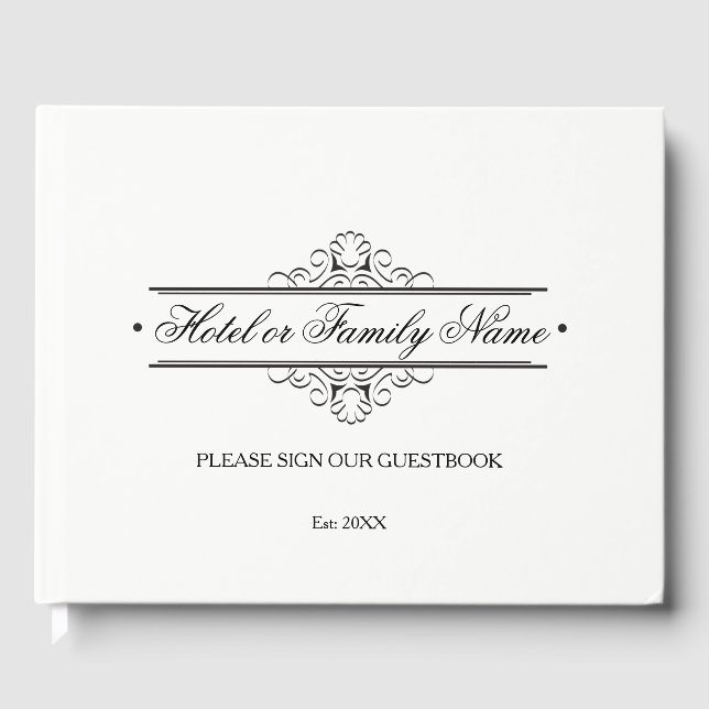 Elegant Black And White Personalised Hotel Family Guest Book (Front)
