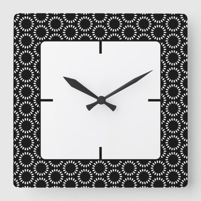 Elegant Black and White Petal Mandala Pattern Square Wall Clock (Front)