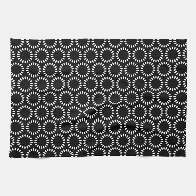 Elegant Black and White Petal Mandala Pattern Tea Towel (Horizontal)