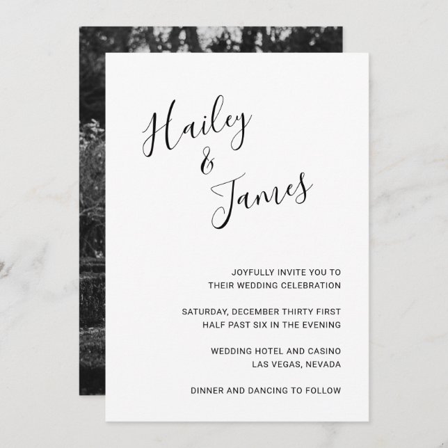 Elegant Black and White Photo Modern Wedding Invitation (Front/Back)