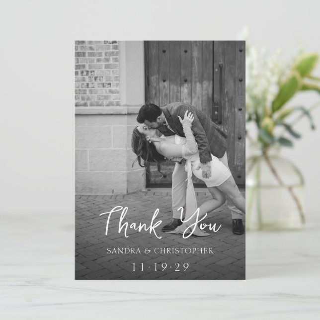 Elegant Black and White Photo Modern Wedding Thank You Card (Standing Front)