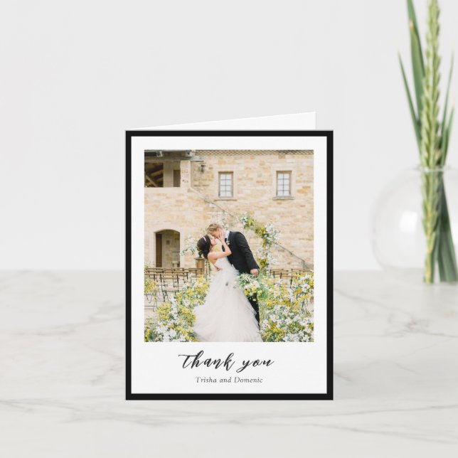 Elegant Black and White Photo Modern Wedding Thank You Card (Front)