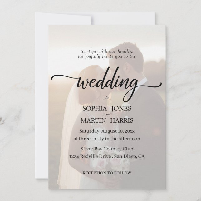 Elegant Black and White Photo Overlay Wedding Invitation (Front)