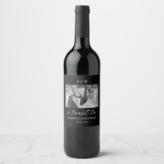 Elegant Black And White Photo Wedding Wine Label (Front)