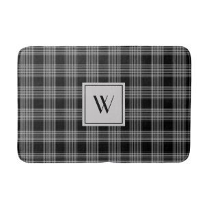 Elegant Black And White Plaid Checks Monogram  Bath Mat