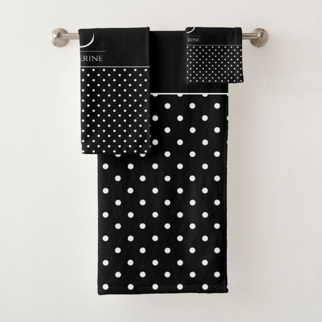 Elegant Black and White Polka Dot Monogrammed Bath Towel Set (Insitu)