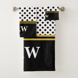 Elegant Black and White Polka Dot Pattern Monogram Bath Towel Set