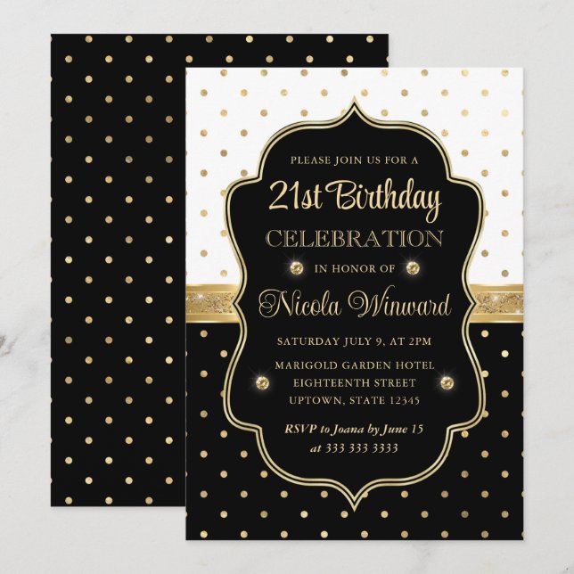Elegant Black and White Polka Dots 21st Birthday Invitation (Front/Back)
