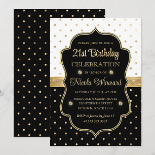 Elegant Black and White Polka Dots 21st Birthday Invitation