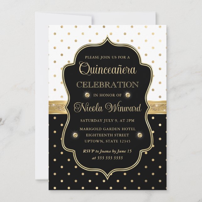 Elegant Black and White Polka Dots Quinceanera Invitation (Front)