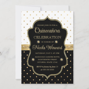 Elegant Black and White Polka Dots Quinceanera Invitation