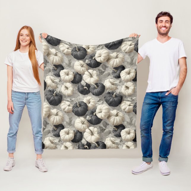 Elegant Black and White Pumpkins Fleece Blanket (In Situ)