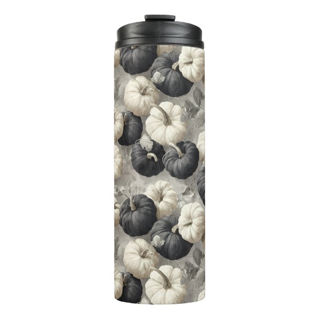 Elegant Black and White Pumpkins Thermal Tumbler (Front)