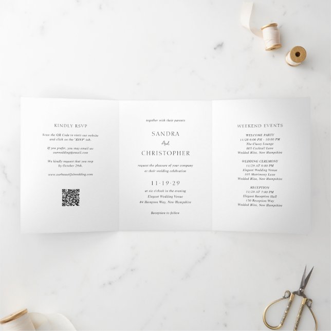 Elegant Black and White QR Code Modern Wedding Tri-Fold Invitation (Inside)