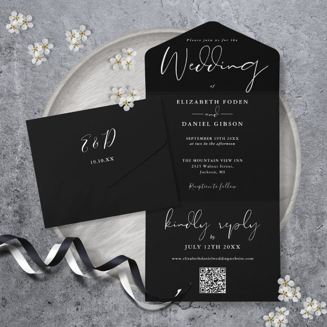 Elegant Black And White QR Code Monogram Wedding All In One Invitation (Elegant Black And White QR Code Monogram Wedding All In One Invitation)