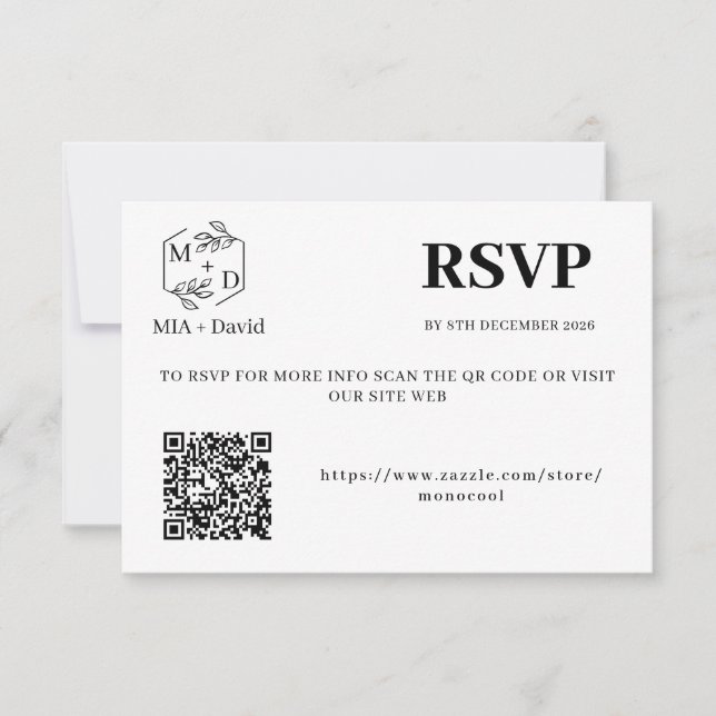 Elegant Black and White Qr Code Wedding Monogram RSVP Card (Front)