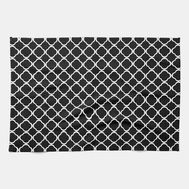 Elegant Black and White Quatrefoil Pattern Tea Towel (Horizontal)