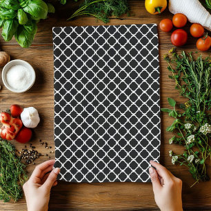 Elegant Black and White Quatrefoil Pattern Tea Towel