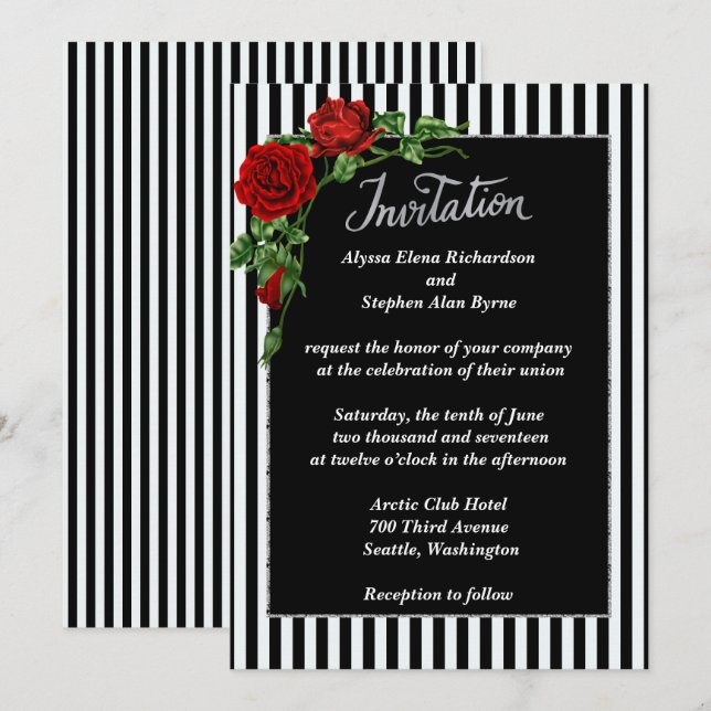 Elegant Black and White Red Rose Wedding Invitatio Invitation (Front/Back)